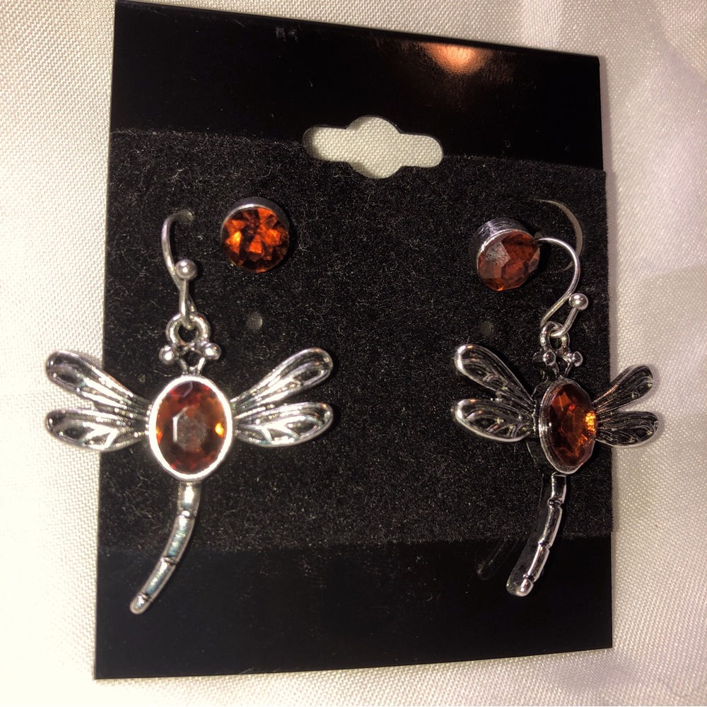 dragonfly amber rhinestone fashion hook and‎ stud Earrings